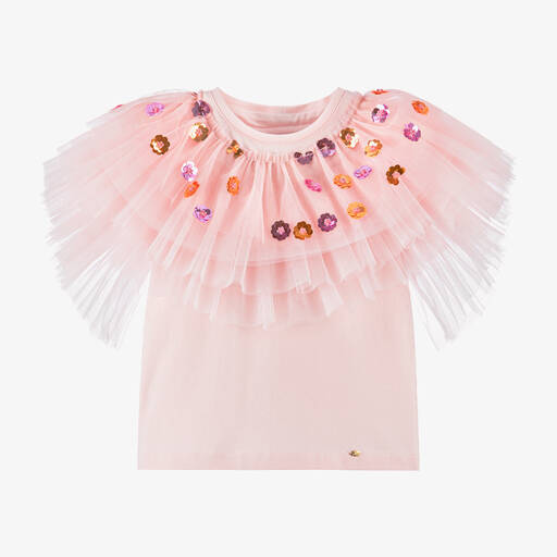 Junona-Girls Pink Sequin Cotton T-Shirt | Childrensalon