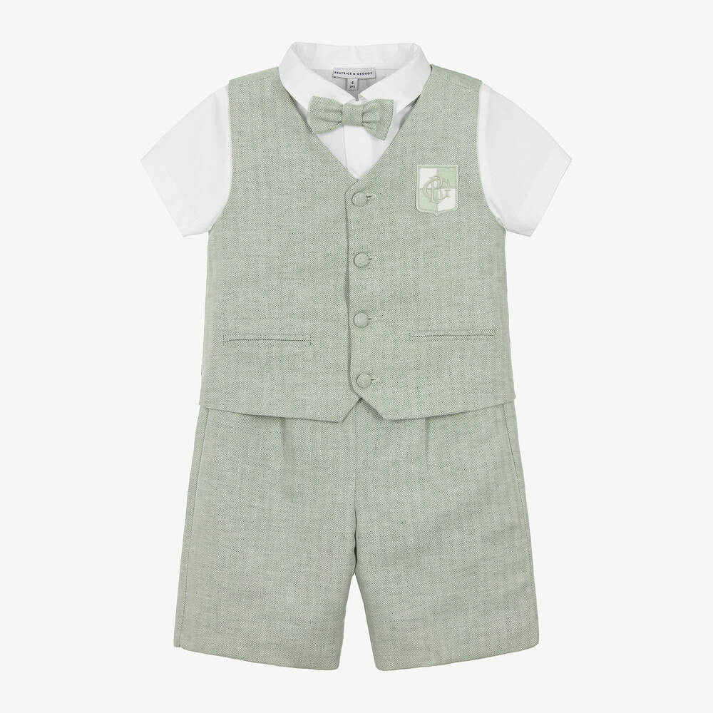 Beatrice & George - بدلة وجيليه قطن وكتان لون أخضر للأولاد  | Childrensalon