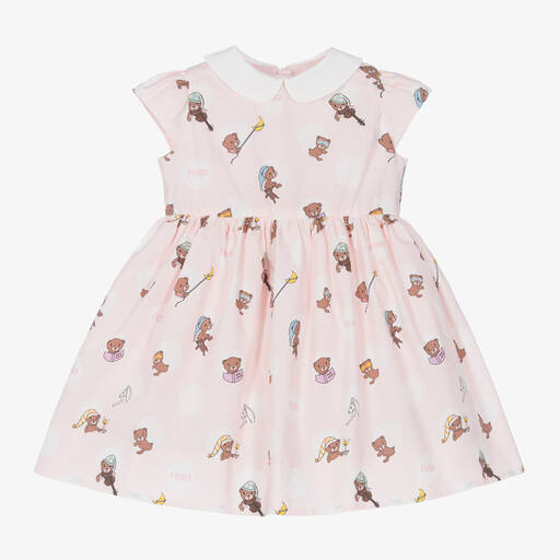 Fendi-Baby Girls Pale Pink Cotton Teddy Dress | Childrensalon