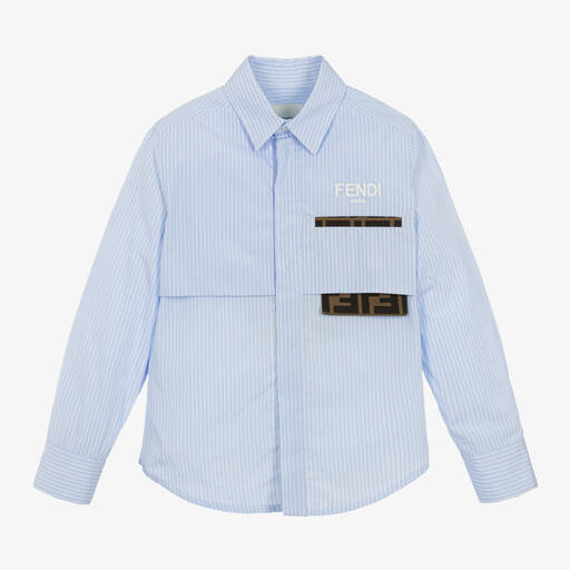 Fendi-Boys Blue Striped Cotton FF-Pocket Shirt | Childrensalon