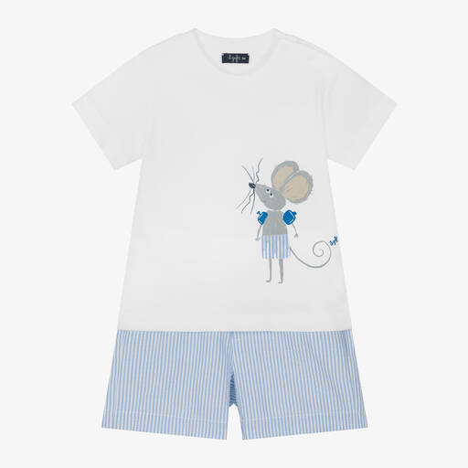 Il Gufo-Boys White & Blue Cotton Shorts Set | Childrensalon