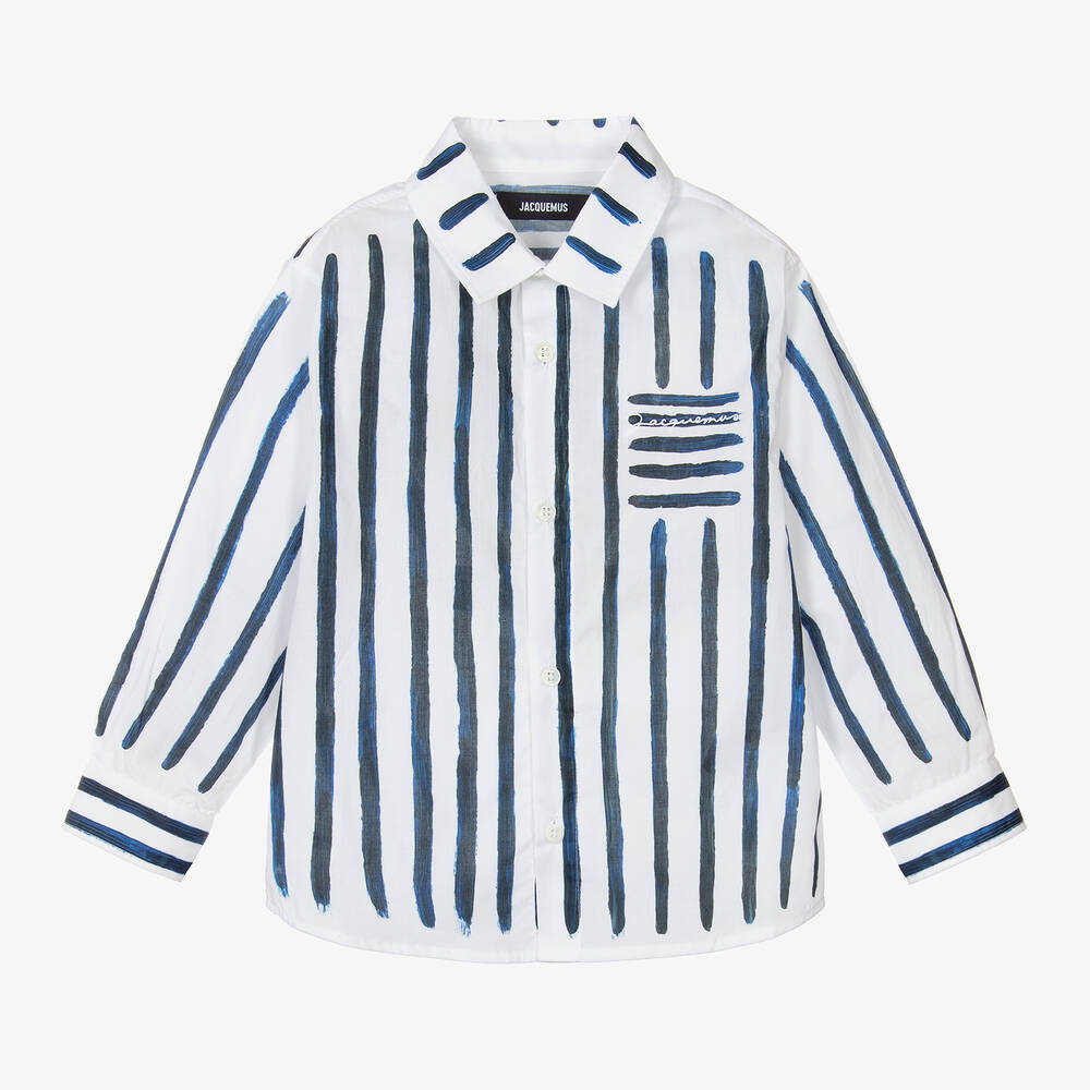 JACQUEMUS - قميص قطن مقلم لون أبيض وأزرق للأولاد | Childrensalon