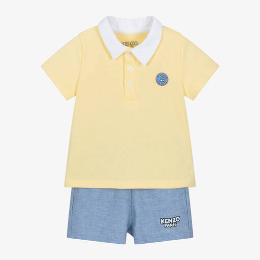 KENZO KIDS-طقم شورت قطن وكتان لون أزرق وأصفر للمواليد | Childrensalon