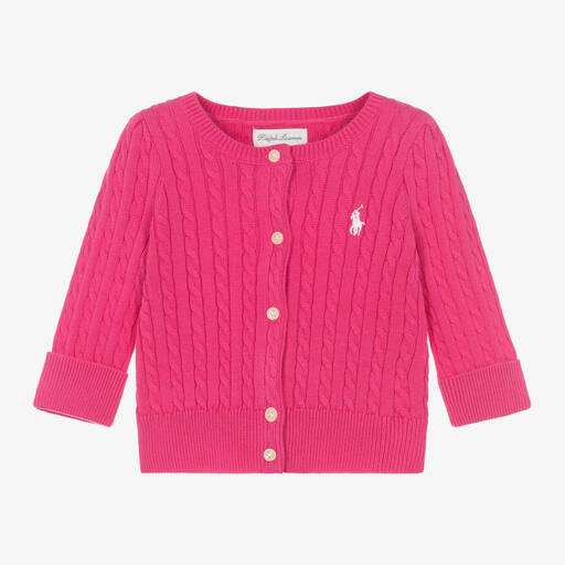 Ralph Lauren-Baby Girls Pink Cotton Knit Cardigan | Childrensalon
