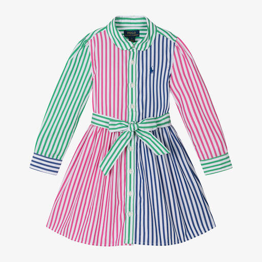 Ralph Lauren-فستان قميص قطن بوبلين مقلّم لون زهري | Childrensalon